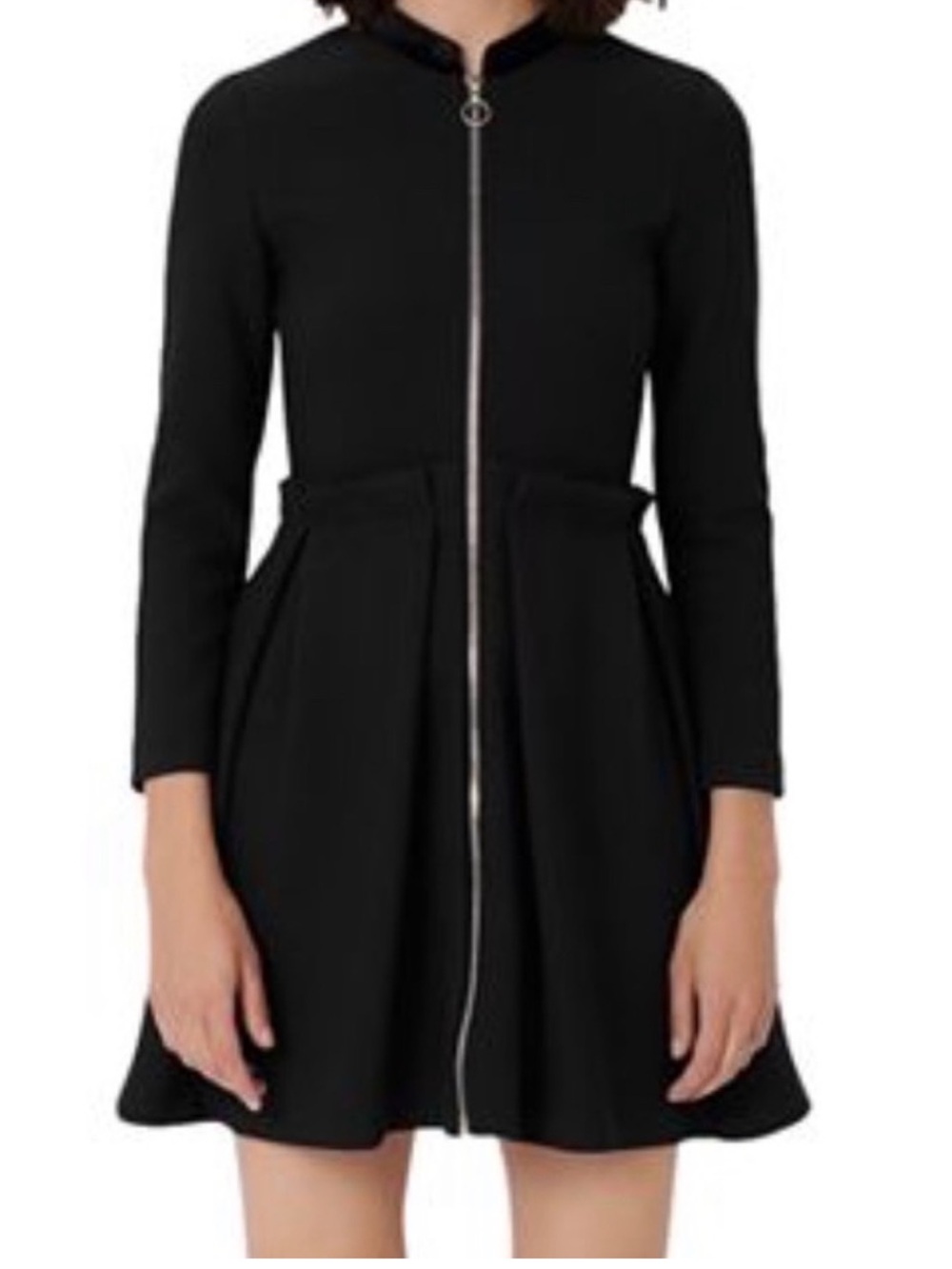 Maje Black 3/4-Sleeve Zip Front Fit-and-Flare Dress